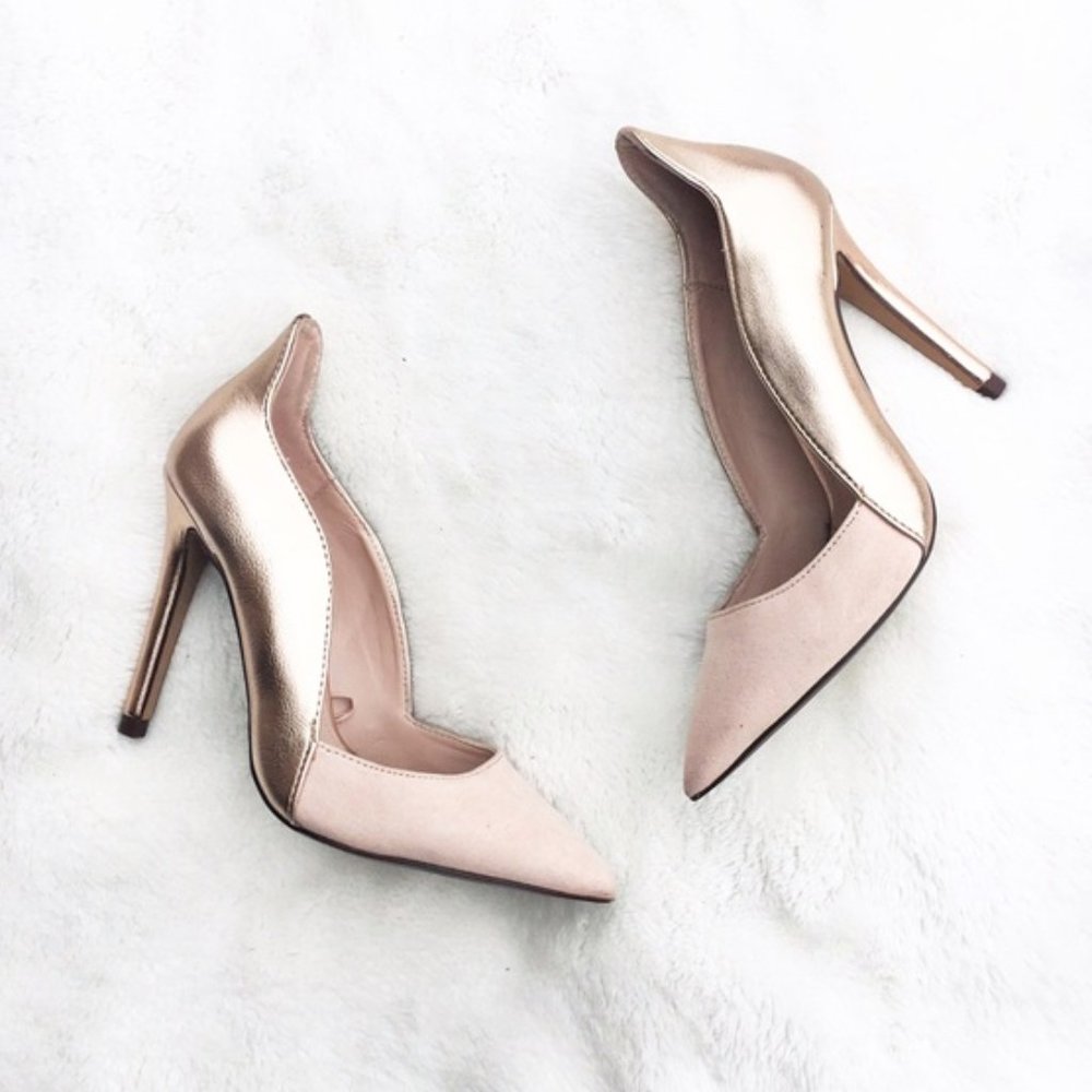 Zara Trafaluc Suede/ Metallic Rose Gold Heels